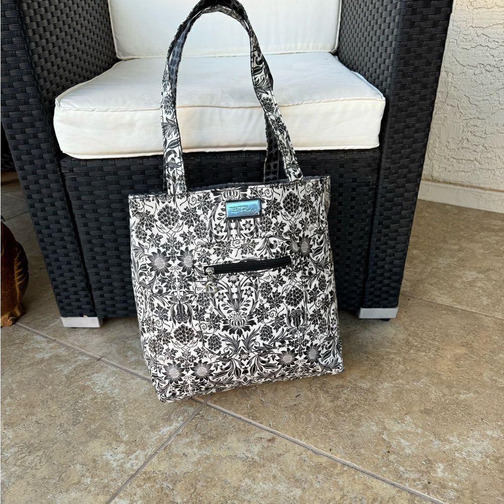 belle russo nylon & easy to clean black & white reversible floral tote